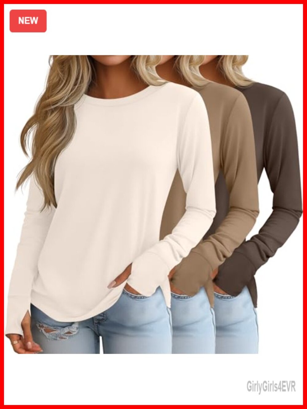 3 Pack Womens Long Sleeve Cotton Shirts Thumb Holes Crew Neck Tunic Tops